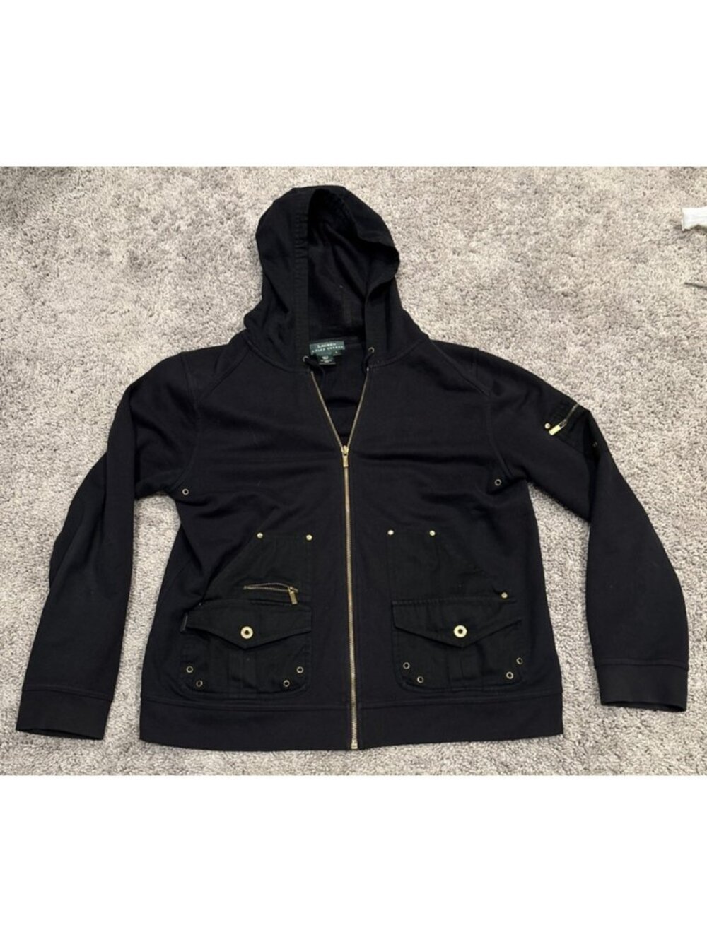 Ralph Lauren Women's Hoodie Size Large Black Full Zip Vintage Y2K Grunge